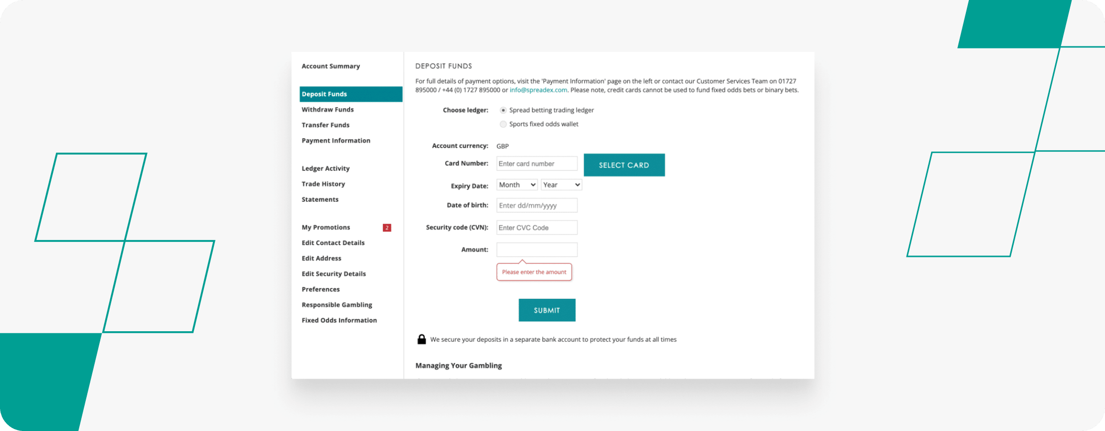 Spreadex account data