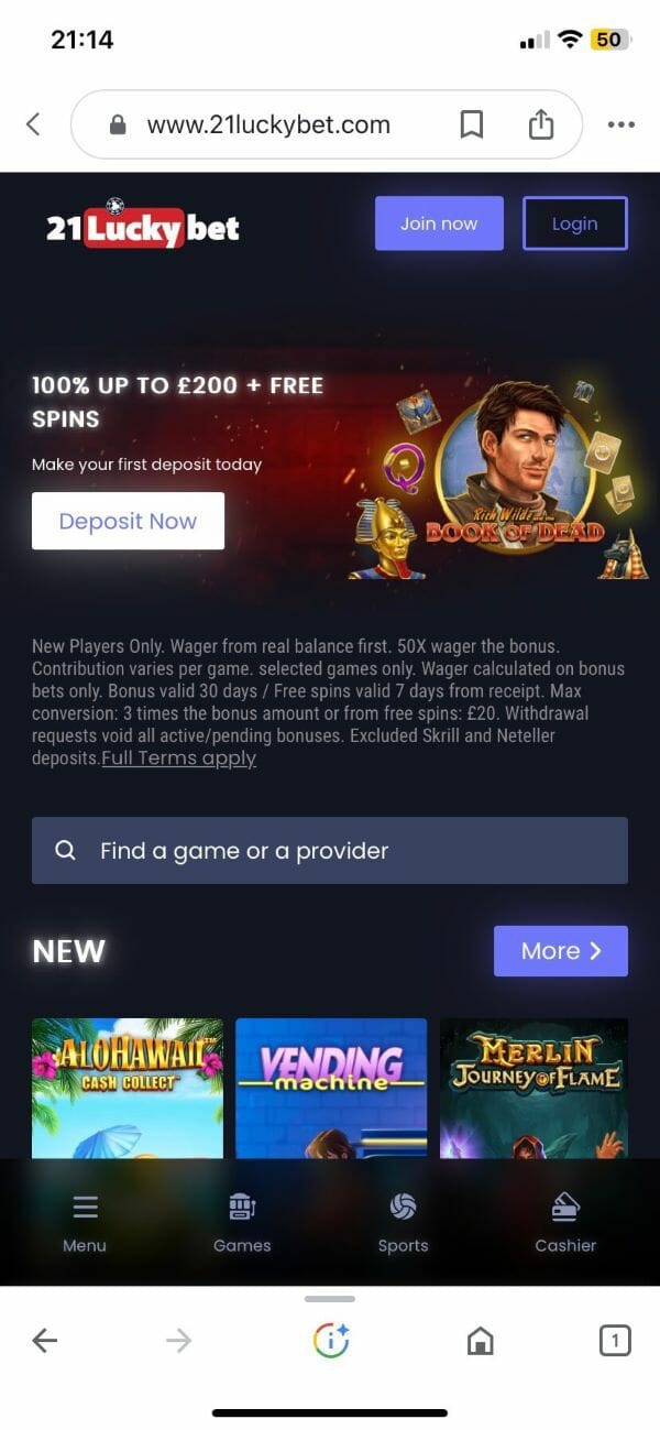 21LuckyBet Mobile Site Screenshot