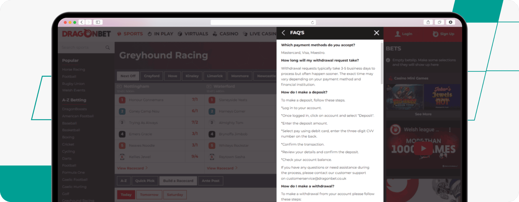 screenshot of dragonbet faqs